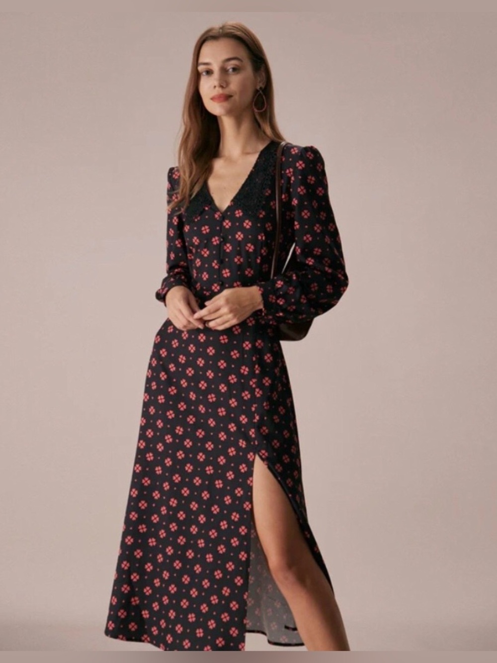 RIHOAS Black Midi Dress with Red Floral Print and Side Slit